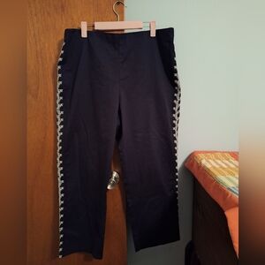 BEAUTIFUL LawrenceZarian Stretch Twill Black Pants Side White Embr Design Size L